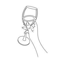 ein Glas von Wein im ein weiblich Hand, Linie Kunst. skizzieren, schwarz und Weiß Design vektor