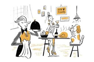 hand dragen klotter stil illustration av Djurvänlig restaurang. servitör tjänande mat med kvinna och henne sällskapsdjur hund Sammanträde på tabell till njut av stor måltid. vektor