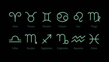 12 neon zodiaken symboler i neon linje stil. uppsättning av beordrade neon astro ikoner Inklusive vädur, Oxen, gemini, cancer, leo, Jungfrun, Vågen, skorpion, skytten, Stenbocken, vattuman, och fiskarna. vektor