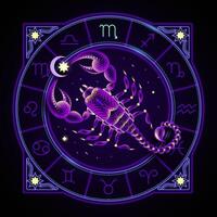 scorpio zodiaken tecken representerade förbi de skorpion. neon horoskop symbol i cirkel med Övrig astrologi tecken uppsättningar runt om. vektor