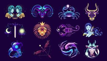 12 neon zodiaken tecken. uppsättning av färgrik neon astro tecken Inklusive vädur, Oxen, gemini, cancer, leo, Jungfrun, Vågen, skorpion, skytten, Stenbocken, vattuman, och fiskarna. vektor