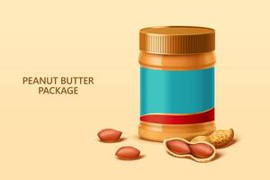 3d Illustration von Erdnuss Butter Verbreitung Paket mit leer Etikette und Erdnüsse im Schale Über Beige Hintergrund vektor