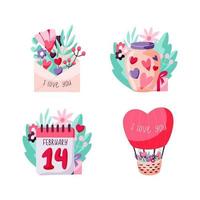 alla hjärtans dag uppsättning koncept med kuvert, blommor, burk med hjärtan, lösbladskalender och luftballong. samling av vektor handritade illustrationer för 14 februari
