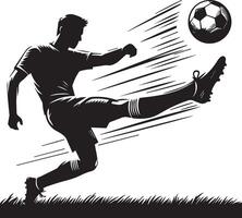 ein Mann Silhouette Fußball Spieler oder Fußball Spieler treten Fußball isoliert auf Weiß Hintergrund. vektor