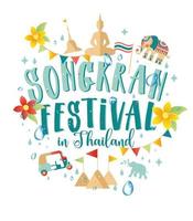 songkran festival i thailand april, handritade bokstäver, pagodasand, elefantstänkvatten, tropiska blommor. vektor illustration.