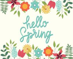 Hallo Frühling Hand skizziert Karte, Illustration. Beschriftung Frühling Jahreszeit mit Blätter und Blumen Rahmen zum Gruß Karte, Einladung Vorlage. retro, Jahrgang Beschriftung Banner, Poster, Hintergrund. vektor