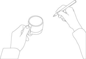einer Linie Zeichnung Hand halten Stift mit Tee Tasse vektor