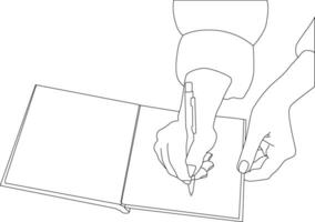 einer Linie Zeichnung Hand halten Stift mit Buch vektor
