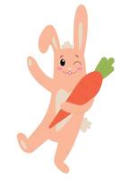 Ostern Hase Hase Karikatur Charakter halten groß Karotte isoliert auf Weiß Hintergrund. modisch Ostern Design. eben Illustration zum Poster, Symbol, Karte, Logo, Etikett. vektor