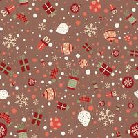 Hand gezeichnet nahtlos Weihnachten Muster im Farbfelder mit Geschenke, Schneeflocken, Weihnachten Dekoration. Platz nahtlos Muster auf braun und transparent Hintergründe. perfekt zum Einladungen, Geschenk Papier vektor