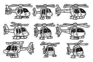 ein Serie von karikaturistisch Hubschrauber Designs sind gezeigt im ein Reihe vektor