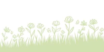 Frühling Blume flog Grenze, Banner mit Hand gezeichnet Blumen- Illustrationen, Grün backgorund Design vektor