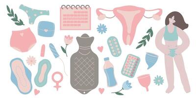 Menstruation- Zeitraum Satz. weiblich Zeitraum Elemente - - Tampon, Pads, Menstruation- Tasse. Menstruation Hygiene im kritisch Tage. eben Illustration vektor