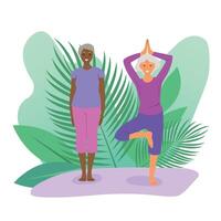 senior kvinnor håller på med yoga. gammal damer gör morgon- yoga eller andas övningar. isolerat illustration. mental hälsa begrepp vektor
