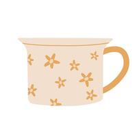 enkel modern kopp dekorerad med små blommor platt illustration. beige färgad råna fyllning förbi drycker isolerat. illustration i platt stil. söt trendig porslin med hantera för dryck. vektor