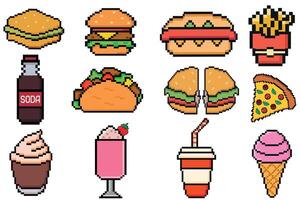 schnell Essen Pixel Kunst einstellen von Symbole, schnell Restaurant pixelig Elemente Burger, heiß Hund, Taco, Pizza, Kaffee, Limonade. Jahrgang Spiel Vermögenswerte 8 Bit Sprite. vektor