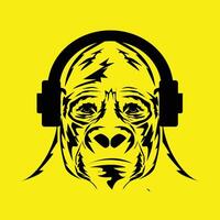 gorilla ansikte med hörlurar. musik design begrepp vektor