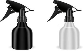spray flaskor uppsättning med pistol spruta huvud för kosmetisk eller hus vård Produkter. svart och vit plast kosmetika paket med avtryckare för barberare affär. dispenser behållare. vektor