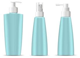 kosmetisk flaskor packa med pump och spray dispenser lock i marin blå grön Färg. kosmetisk behållare för Nästa Produkter grädde, fuktkräm, schampo, mask, tvål och Övrig vätskor. 3d illustration. vektor