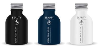skruva keps kosmetisk flaskor attrapp paket. 3d förpackning design för kosmetika eller olja, vatten, dryck, medicin kosttillskott. vektor