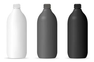 flaskor attrapp uppsättning för kosmetisk eller hushåll Produkter. cylinder förpackning behållare i matt svart, vit eller grå Färg plast för schampo, gel, lotion, hår och kropp Produkter, kemi. vektor