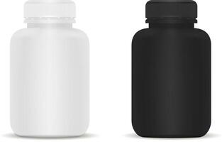 medicinsk flaskor uppsättning. svart och vit 3d illustration. attrapp mall av medicinsk paket för biljard, kapsel, läkemedel. sporter och hälsa liv kosttillskott. vektor