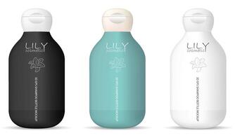 runda kosmetisk flaskor packa för schampo, gel, tvål och Övrig flytande Produkter. 3d attrapp förpackning design. vektor