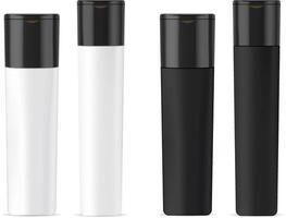 kosmetisk flaskor attrapp uppsättning för schampo, balsam eller dusch gel.svart och vit plast realistisk 3d illustration av kosmetika paket med svart lock. klar tom mall vektor
