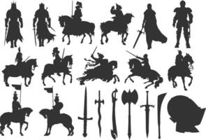 uppsättning av riddare silhuett, svärd, häst. illustration vektor