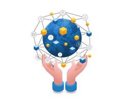 Welt Geschäft Netzwerk im das Hände von Infografiken eben isometrisch 3d Illustration vektor