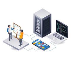 Diskussion Arbeit Mannschaft Entwicklung Server Hosting Anwendung, eben isometrisch 3d Illustration Infografik vektor