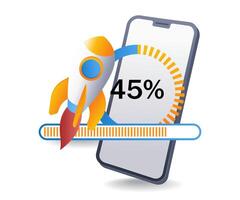 sjösättning börja smartphone produkt Ansökan infographic 3d illustration platt isometrisk vektor