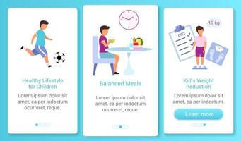hälsosam livsstil för barn ombord på mobil app skärm vektor mall. balanserade måltider. genomgång av webbplatssteg med platta tecken. ux, ui, gui smartphone tecknade gränssnittskoncept
