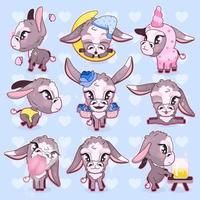 söt åsna kawaii tecknade vektor tecken set. bedårande och roliga mula, burro djur isolerade klistermärken, lappar, flickaktiga illustrationer. anime baby glada åsnor emojis pack på blå bakgrund