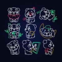 Niedlicher Panda Kawaii Neonlicht-Charaktere-Pack. Entzückendes und lustiges Tier, das Wassermelone isst, schläft, zurück zur Schule, isolierter Aufkleber, Patches gesetzt. Anime Baby Baby Bär Doodle Emojis Umrisssymbole vektor