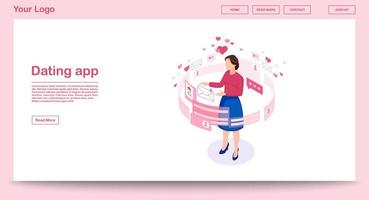 Dating-App-Webseiten-Vektorvorlage mit isometrischer Illustration. Frau, die Nachricht erhält. Personen soziales Netzwerkprofil. Messaging, wie Website-Interface-Design. rosa Webseite, mobiles App 3D-Konzept vektor