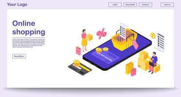 Online-Handy-Shopping-App-Webseiten-Vektorvorlage mit isometrischer Illustration. Website, Schnittstellendesign für mobile Anwendungen. E-Payment-Infografik. Shopping Smartphone-Anwendung 3D-Konzept vektor