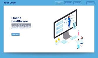 online sjukvård isometrisk webbplats mall. avlägsna läkare som analyserar kvinnans hälsa, ordinerar medicin. avståndsskanning av inre organ, internetdiagnostik. ehealth-hemsida med textutrymme vektor