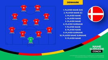 Dänemark Fußball Mannschaft beginnend Formation. 2024 Fußball Mannschaft ausrichten auf abgelegt Fußball Grafik zum Fußball beginnend ausrichten Kader. Illustration vektor