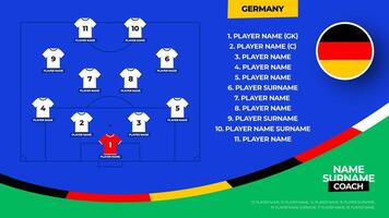 Deutschland Fußball Mannschaft beginnend Formation. 2024 Fußball Mannschaft ausrichten auf abgelegt Fußball Grafik zum Fußball beginnend ausrichten Kader. Illustration vektor
