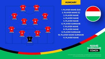 Ungarn Fußball Mannschaft beginnend Formation. 2024 Fußball Mannschaft ausrichten auf abgelegt Fußball Grafik zum Fußball beginnend ausrichten Kader. Illustration vektor