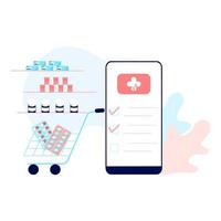 Online-Apotheken-App-Konzept von Gesundheitswesen, Drogerie und E-Commerce. Vektor von verschreibungspflichtigen Medikamenten, Erste-Hilfe-Sets und medizinischen Bedarfsartikeln, die online über Web- oder Smartphone-Anwendungstechnologie verkauft werden.