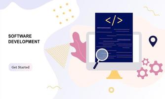 målsida för programvaruutveckling kodningsprocess koncept. designer, programmering, testning av plattformsoberoende kod, app. skapa, redigera skriptwebbplatser och mobila enheter. affärsteknisk programvara vektor