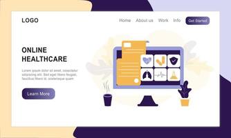 målsida för online sjukvård platt illustration. online medicinsk konsultation och behandling via app smartphone eller datoransluten internetklinik. online fråga läkare konsultation i mobil vektor