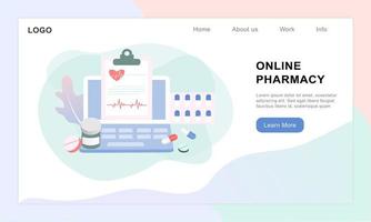 Online-Apothekenkonzept von Gesundheitswesen, Drogerie und E-Commerce. Flache Vektorgrafik von verschreibungspflichtigen Medikamenten, Erste-Hilfe-Sets und medizinischen Bedarfsartikeln, die online über Web- oder Computertechnologie verkauft werden. vektor