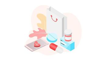 Landing Page des Online-Apotheken-, Gesundheits-, Drogerie- und E-Commerce-App-Konzepts. Vektor von verschreibungspflichtigen Medikamenten, Erste-Hilfe-Sets und medizinischen Bedarfsartikeln, die über Computer-Web- oder Smartphone-Anwendungen verkauft werden