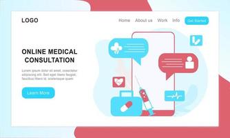 Landing Page der flachen Illustration des Online-Gesundheitswesens. Medizinische Online-Beratung und Behandlung über App-Smartphone oder Computer verbundene Internetklinik. Online fragen Sie den Arzt um Rat im mobilen Vektor