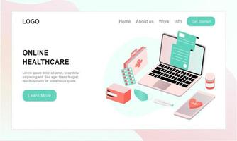 Landing Page der flachen Illustration des Online-Gesundheitswesens. Medizinische Online-Beratung und Behandlung über App-Smartphone oder Computer verbundene Internetklinik. Online fragen Sie den Arzt um Rat im mobilen Vektor