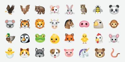 uppsättning av djur- ansikten, ansikte emojis, klistermärken, uttryckssymboler. vektor