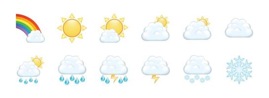 uppsättning av modern väder prognos ikoner med regnbåge, moln, Sol, regn, snö, blixt, hagel. väder prognos ikoner isolerat på vit bakgrund. vektor